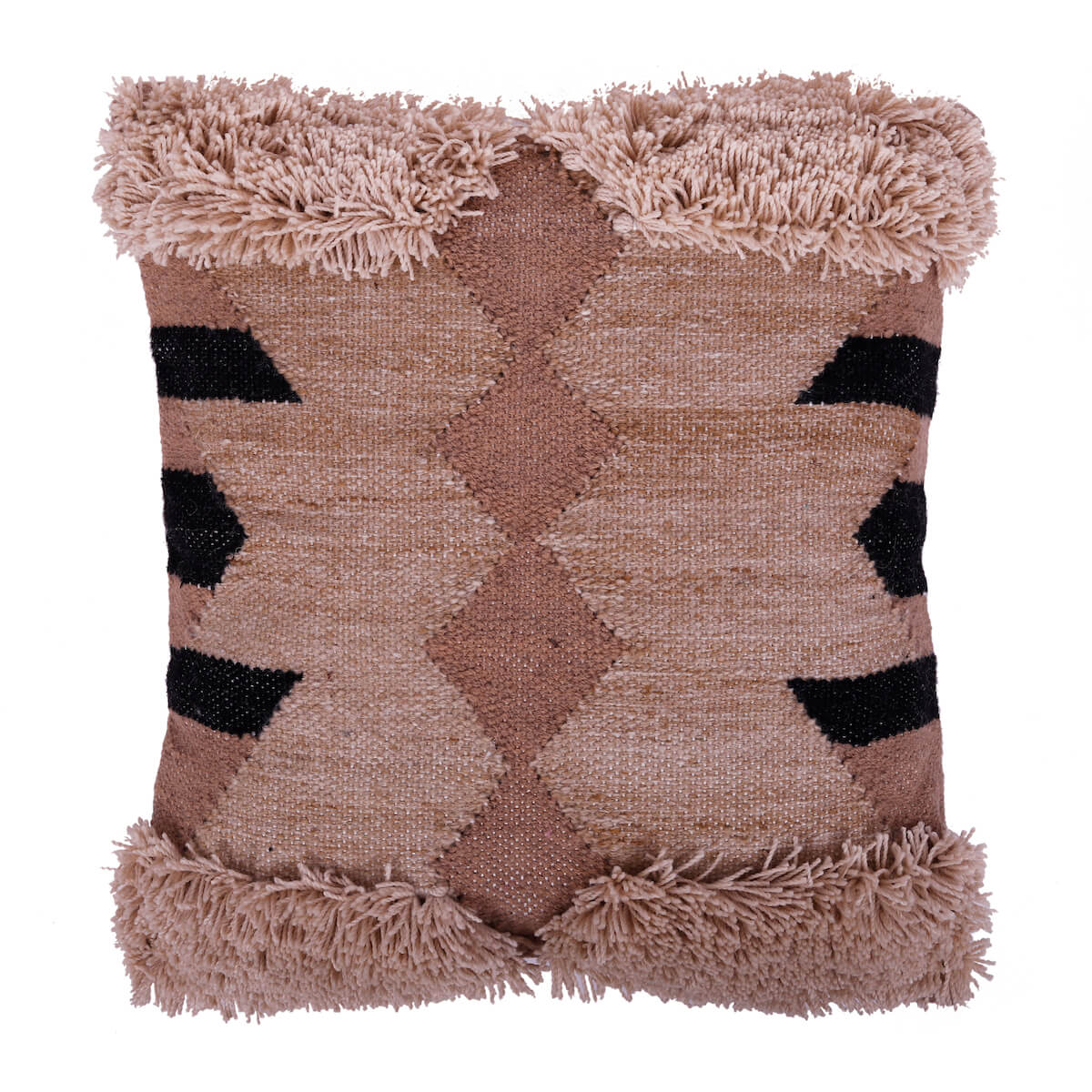 Tuffted Edge Pattern Woven Handloom Boho Look Brown Colour Cushion Cover Size 18"x18"