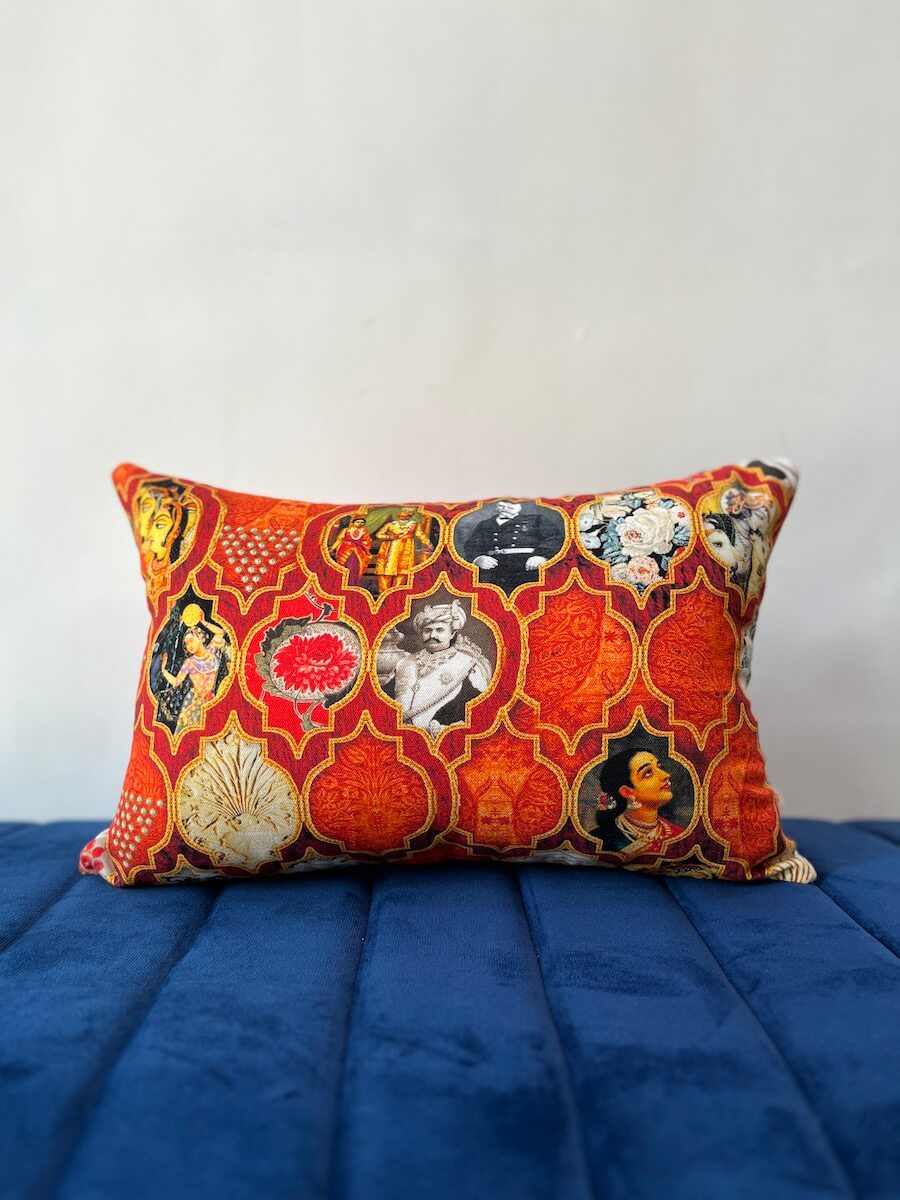 Indian Vintage Art Printed Cotton Canvas Orange Colour Lumbar Cushion Cover Size 12"x18"