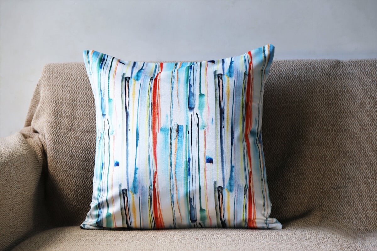 Abstract Brush Strokes Design Printed Velvet White Multicolour Cushion Cover Size 16"x16"