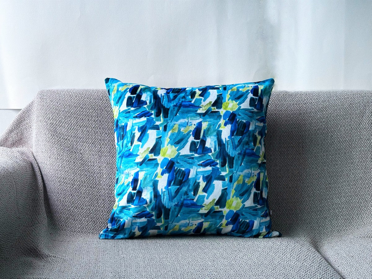 Abstract Brush Strokes Design Printed Velvet Shades of Blue Cushion Cover Size 16"x16"