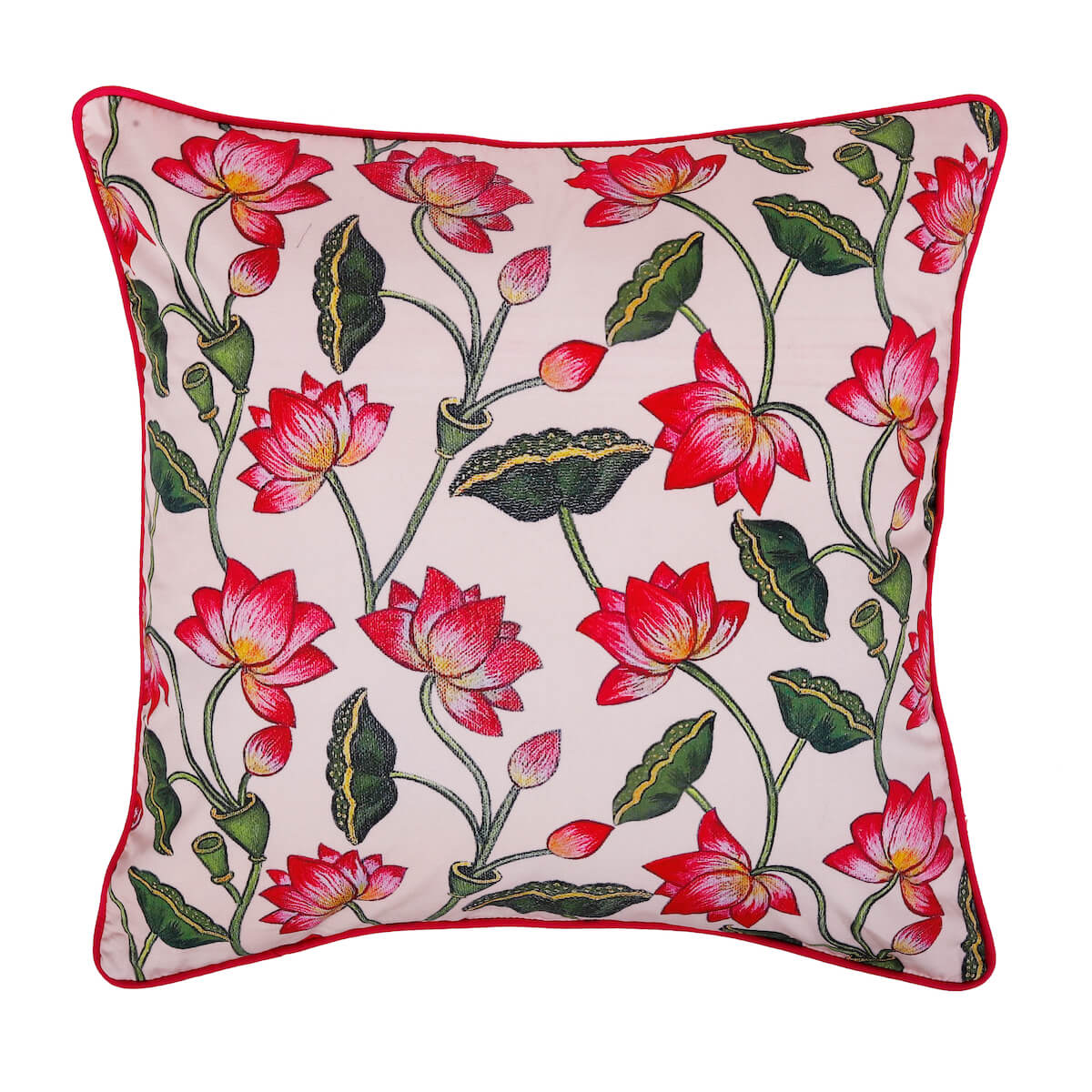 Bright Pink Lotus Print Floral Cotton Cream Cushion Cover Size 16"x16"