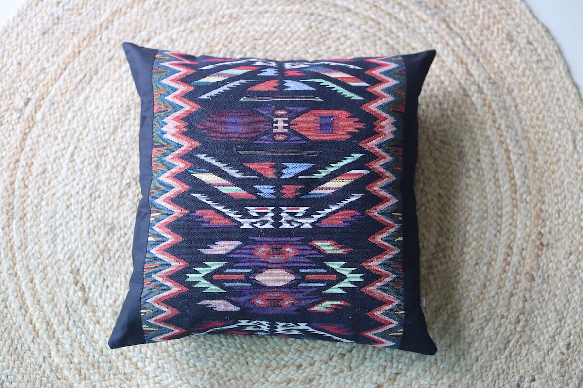 Aztec Pattern Cotton Handloom Black Cushion Cover Size 16"x16"