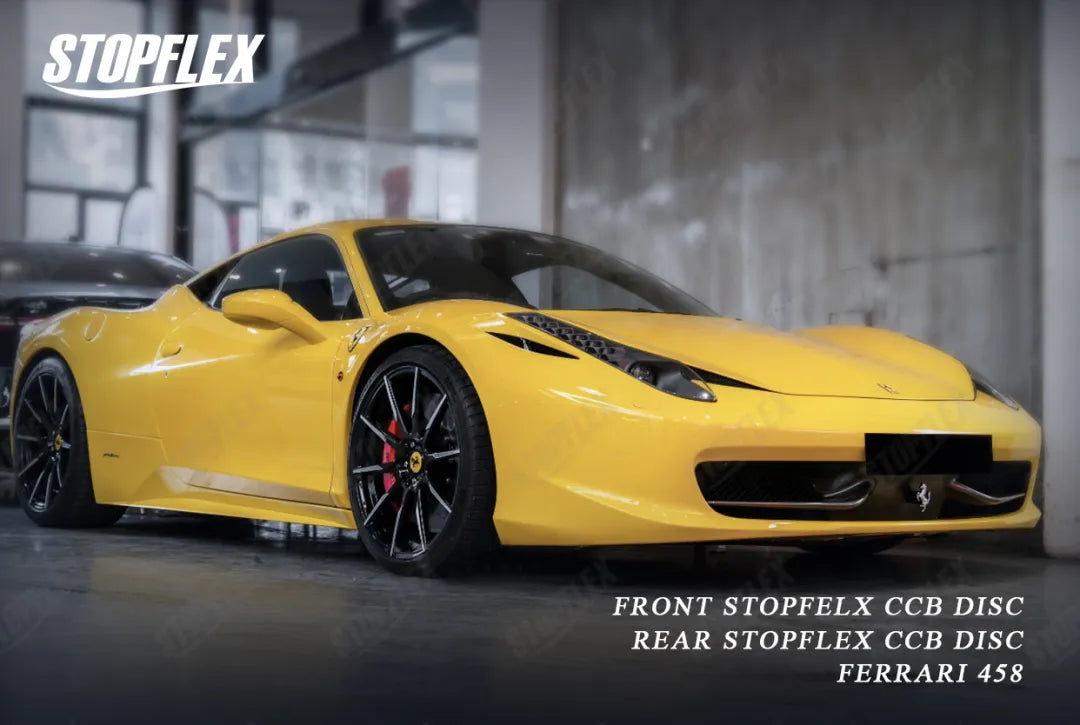 The front OE-size STOPFLEX carbon-ceramic rotor installed on a red Ferrari 458 Italia.