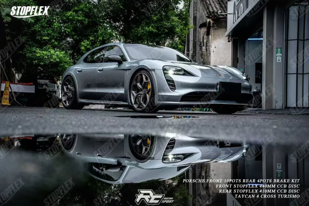 The Porsche Taycan 4 Cross Turismo, an all-electric performance wagon, ready for its braking system evolution.
