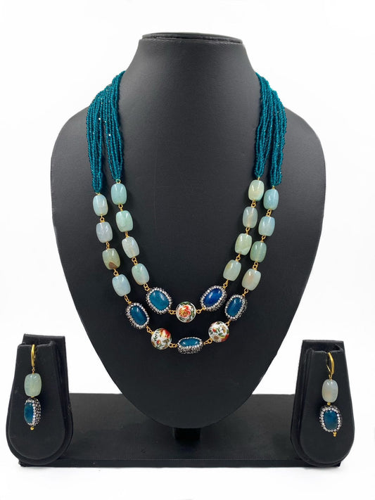 Sky Blue layered beaded necklace earring set gemstone jewelry at ₹2550 |  Azilaa