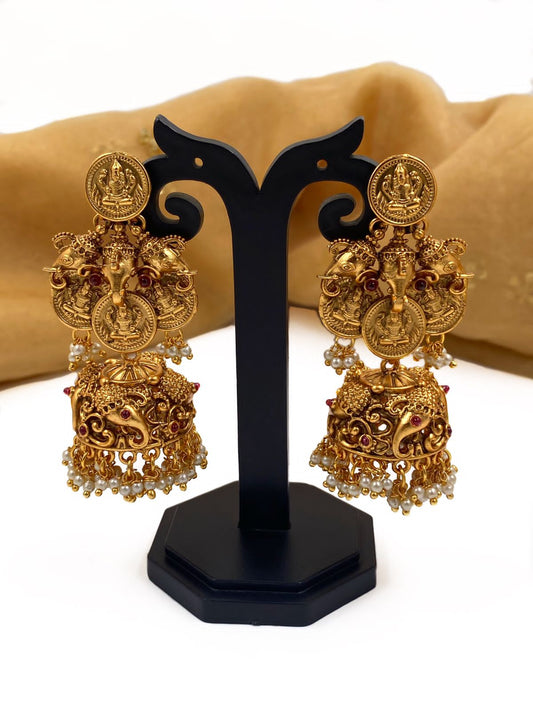 Temple Design Stone Studded Lakshmi Jhumka Earrings – Urshi Collections