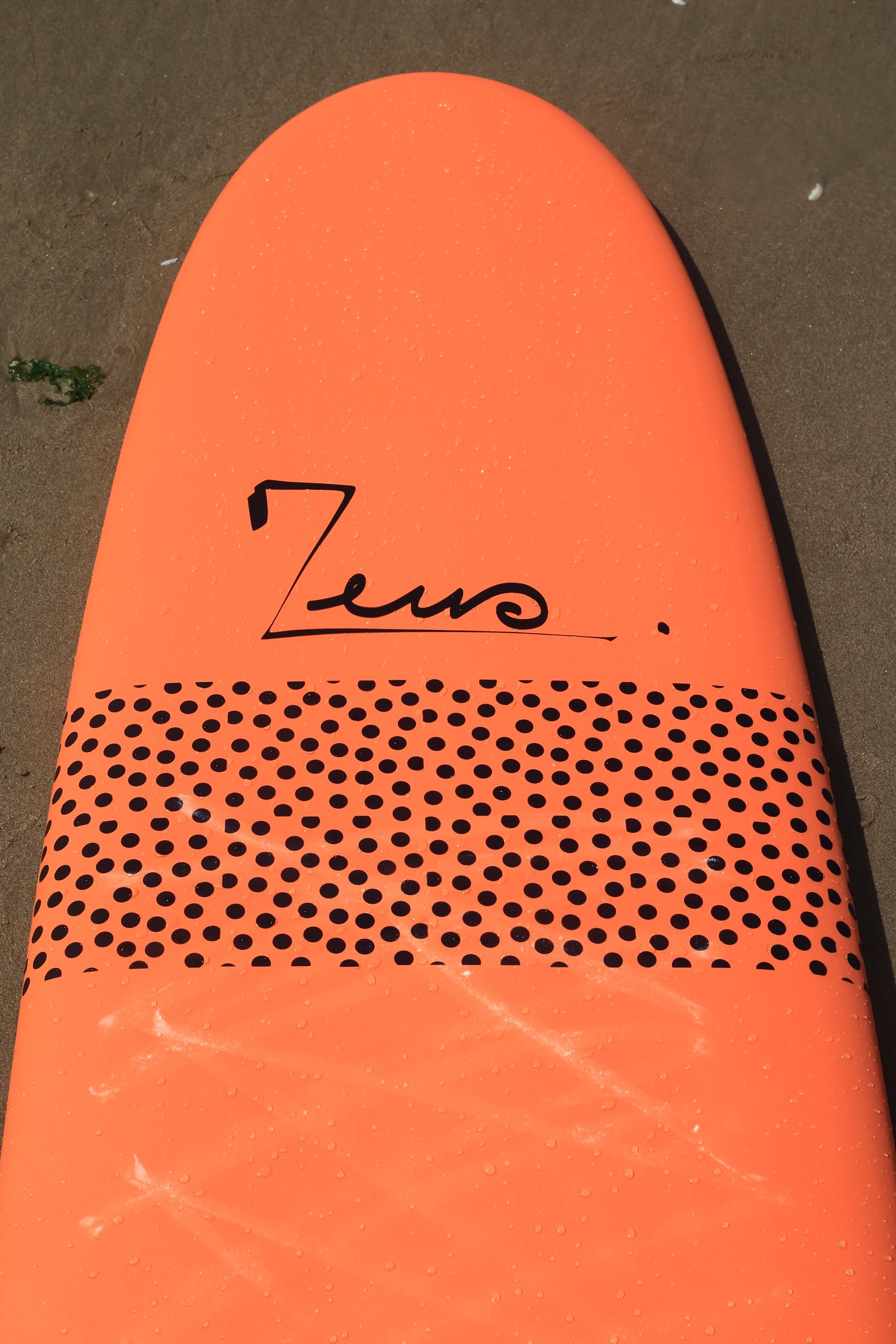 Nariz de tabla de surf XXL Zeus Burger Orange colocada en la arena