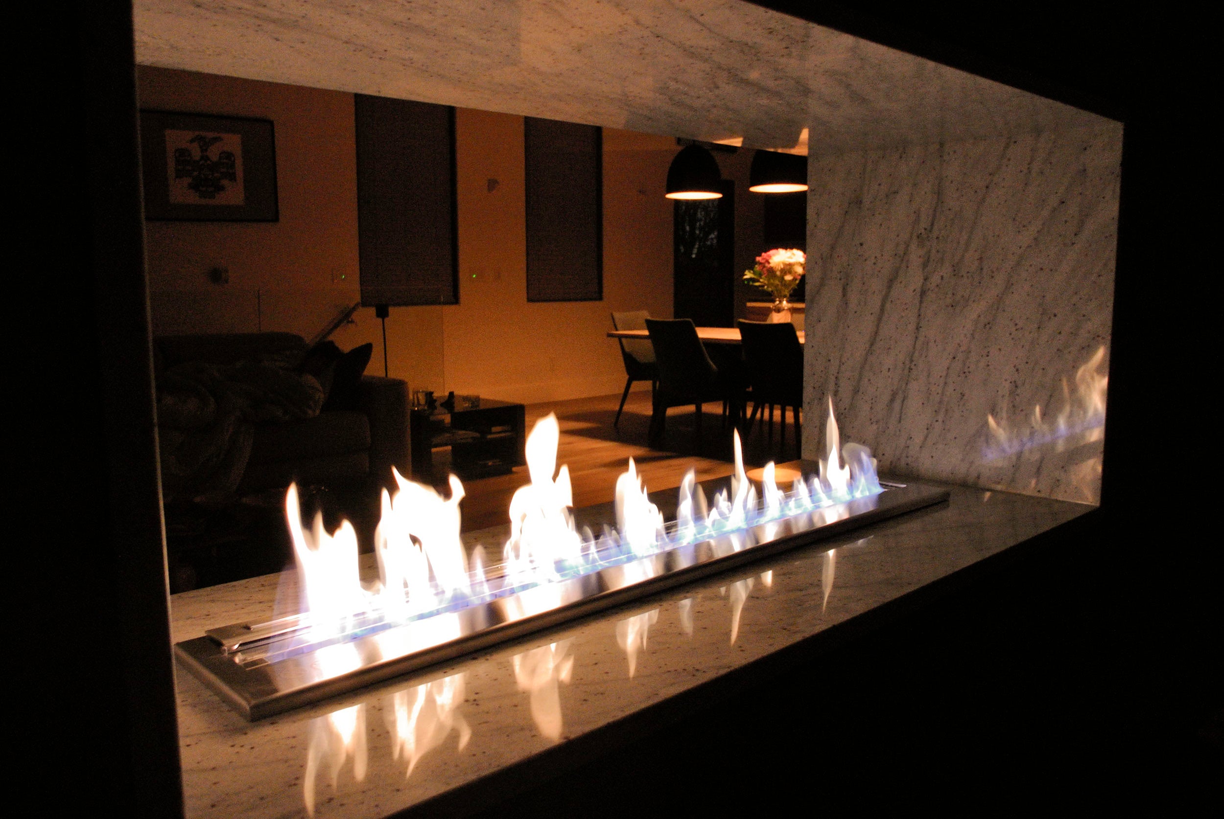 A beautiful ethanol fireplace at nighttime