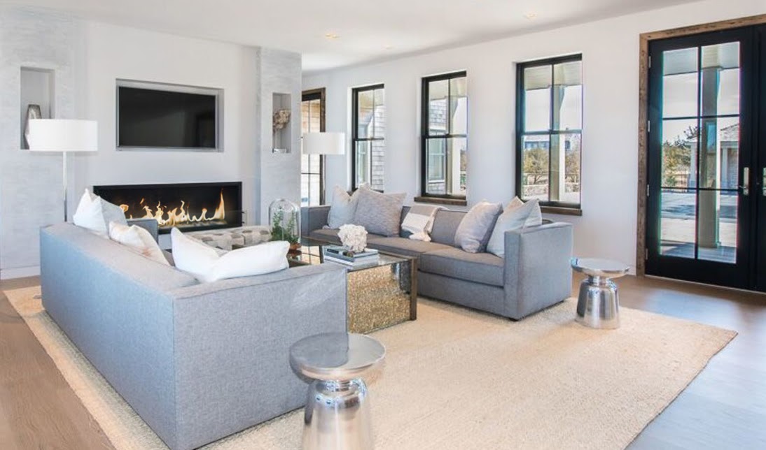 Modern living room with bio ethanol fireplace under tv.
