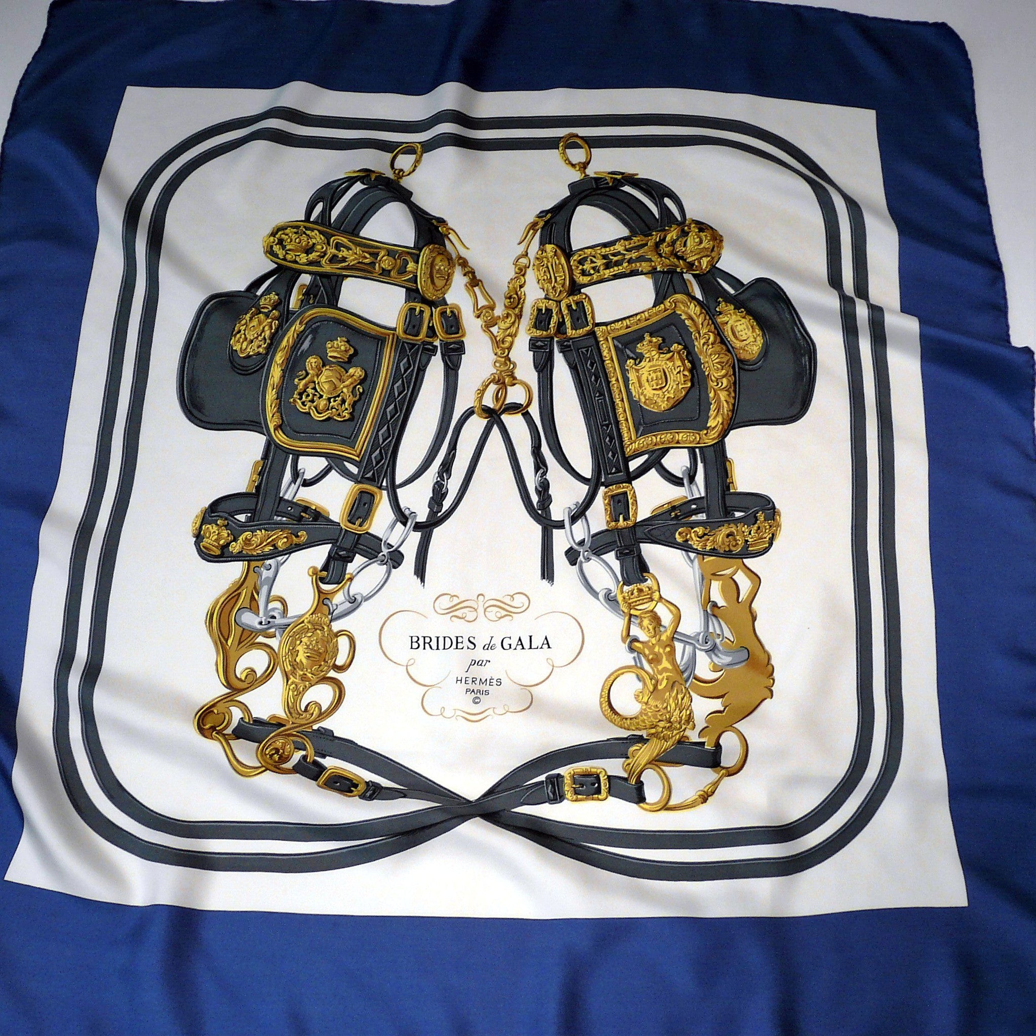 Authentic Vintage Hermes Silk Scarf Brides De Gala Hugo Grygkar - Blue