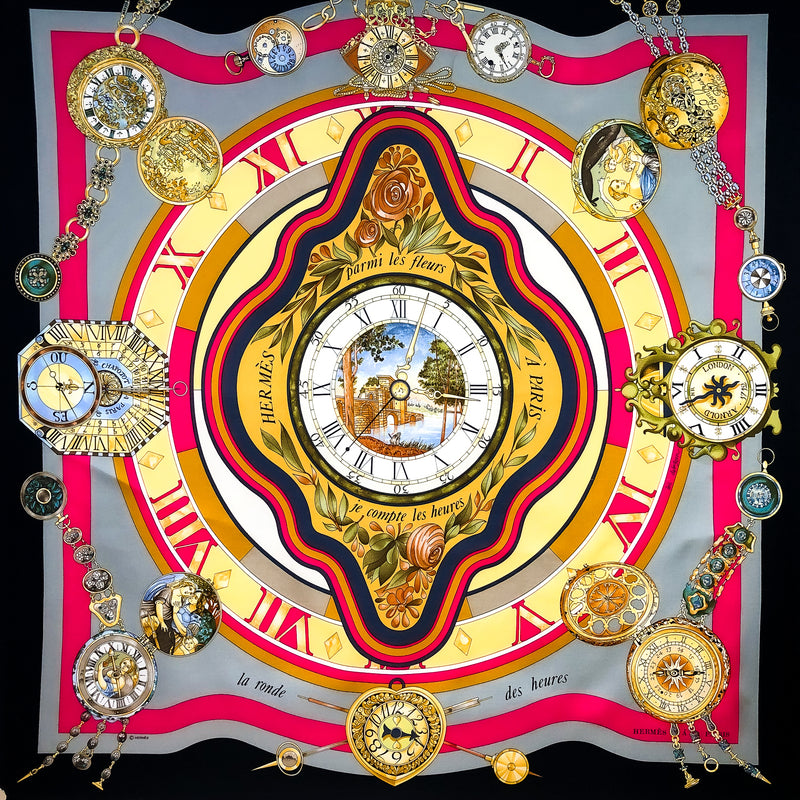 La Ronde des Heures Hermes Scarf by Dubigeon 90 cm Silk Black Col