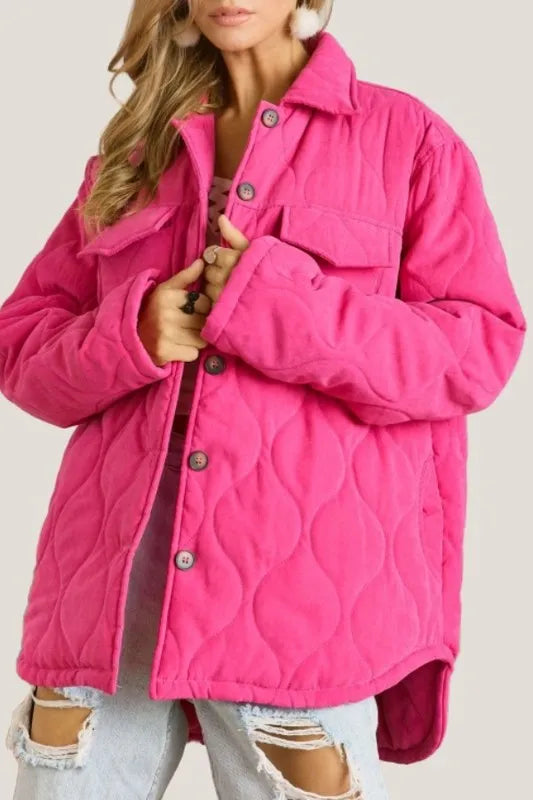 ADORA Full Size Quiled Button Down Jacket with Pockets Plus Size