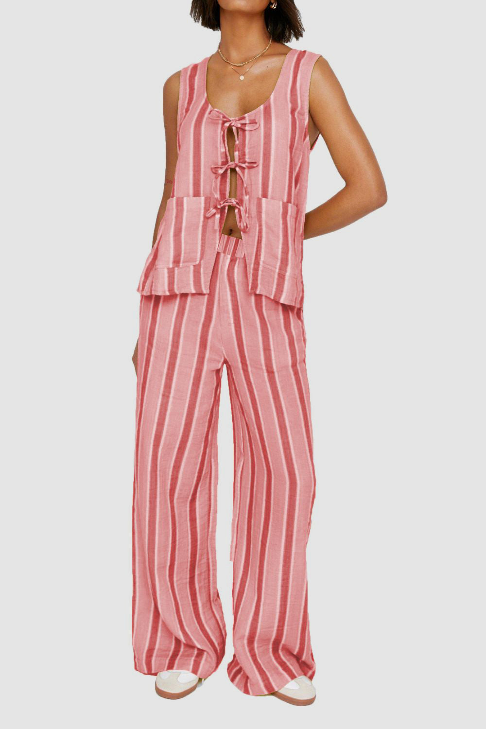 Tied Front Striped Top and Pants Set