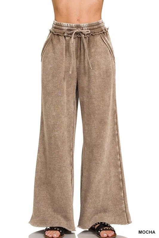 Zenana Full Size Acid Wash Fleece Palazzo Sweatpants with Pockets Plus SIze