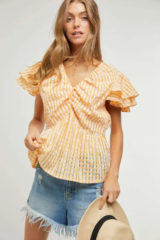 Davi & Dani Shirring V-Neck Ruffle Gingham Plaid Printed Top