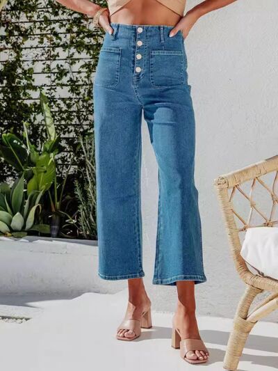 Button Fly Cropped Jeans with Pockets