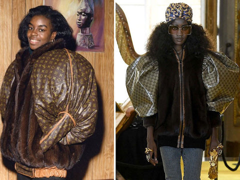 Pictured on the left is Diane Dixon wearing the Dapper Dan original jacket. On the right is Gucci's version inspired by Dapper Dan for the 'New Renaissance' Cruise line 2018. 