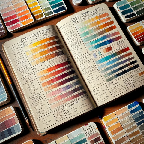 An open color journal lies on a wooden table, filled with various paint swatches and detailed notes. Each page shows different shades of paint