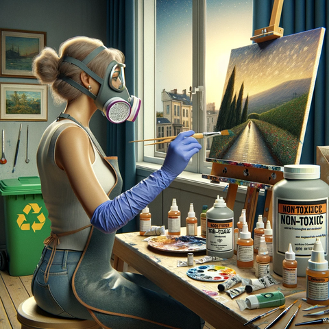 A painting studio scene emphasizing health and safety in oil painting. The artist, a middle-aged Caucasian woman, is wearing protective glove