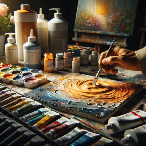 A detailed scene showing the process of choosing and preparing paints for textured art. The focus is on a table in an art studio