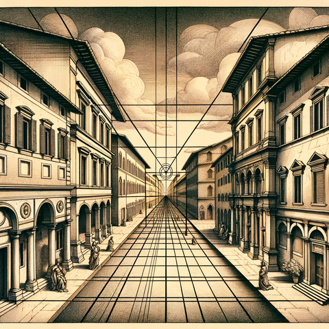 An educational illustration depicting the concept of linear perspective in art. The image shows a Renaissance-era streetscape with Florentine building