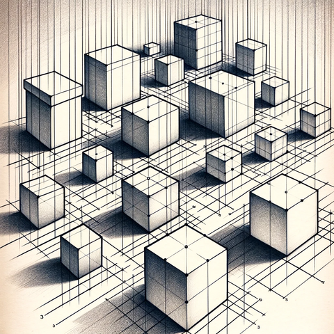 An educational illustration focused on practicing basic shapes in perspective drawing. The image displays a series of simple shapes, such as cubes