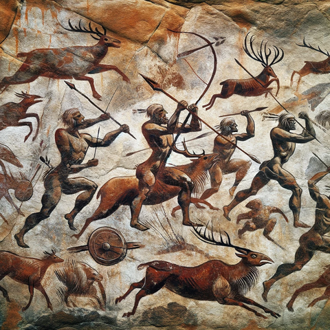 An artistic interpretation of Bronze Age rock art, depicting a dynamic hunting or battle scene. The scene includes ancient warriors in action, armed