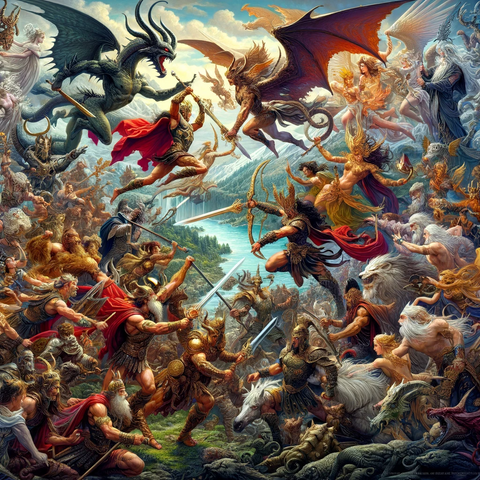 An epic battle scene from mythology, featuring a diverse array of mythological characters and creatures engaged in a dramatic battle