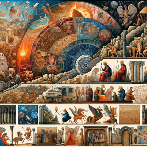 A detailed montage or collage showcasing the evolution of narrative art from ancient times to the present day