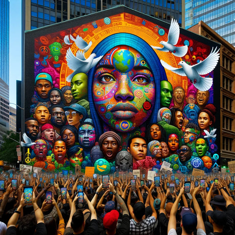 A vibrant and powerful digital mural displayed on a large city building, illustrating the theme of unity and diversity. The artwork features a mosaic