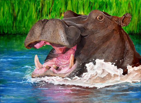 Happy Hippo, Cyndy Beardsley, 2021, acrylic, 18 x 24 in. / 45.72 x 60.96 cm.