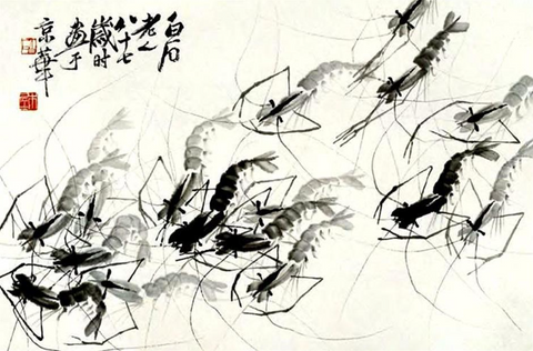 Ink wash shrimps by Qi Baishi ﻿