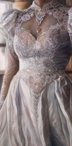 The Fragility of Memory: Her Wedding Gown, Kelli Crockett, 2023, oil on canvas, 15 x 30 in. / 38.1 x 76.2 cm.