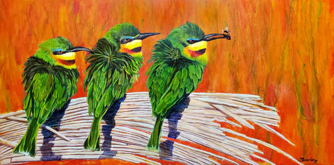 The Bee Eaters, Cyndy Beardsley, 2020, acrylic, 12 x 24 in. / 30.48 x 60.96 cm.