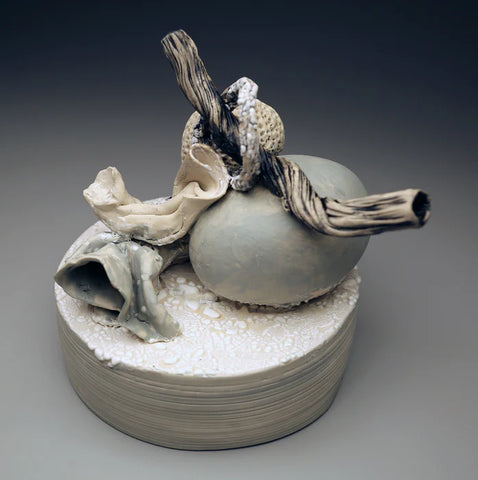 Bleached Composition, Brian Christensen, 2021, ceramic, 8 x 8 x 8 in. / 20.32 x 20.32 x 20.32 cm.
