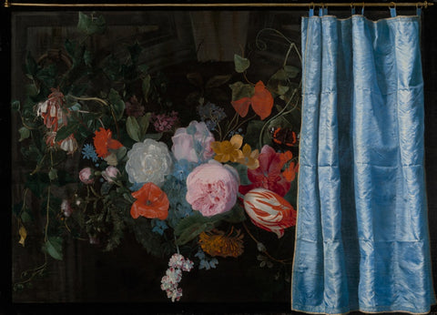 "Trompe-l'Oeil Still Life with a Flower Garland and a Curtain" by Adriaen van der Spelt and Frans van Mieris (1658)