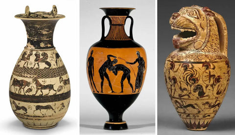 Corinthian black-figure olpe vase, ca. 640 BC (left); with A Panathenaic prize amphora, 332-31 BC (center); and The Macmillan aryballos, attributed to the Chigi painter, ca. 640 BC (right)