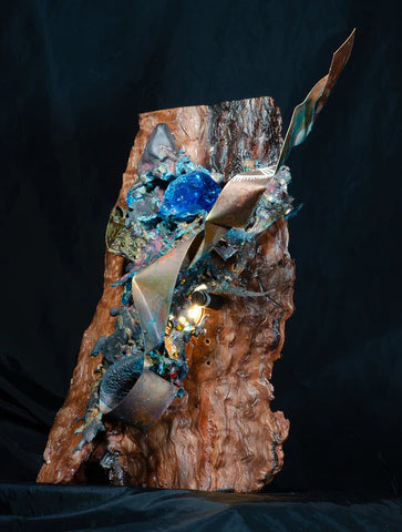 Splash Copper & Glass On Redwood Sculpture