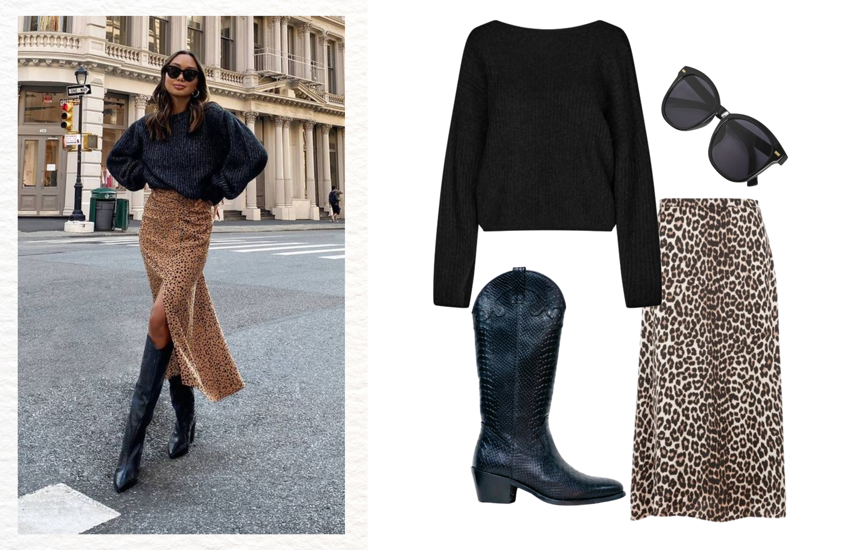 Outfit One - Leopard Skirt, Knit and Black Cowboy Boots