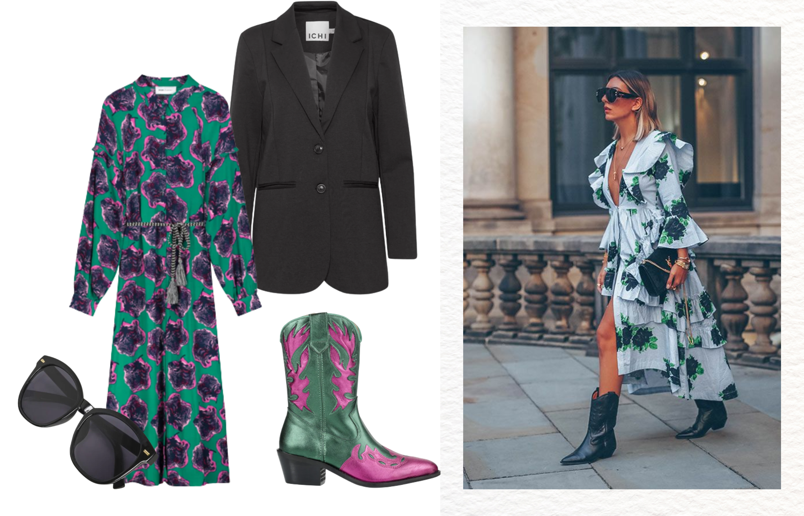 Outfit 2 - Floaty Floral Dress with Colourful Cowboy Boots