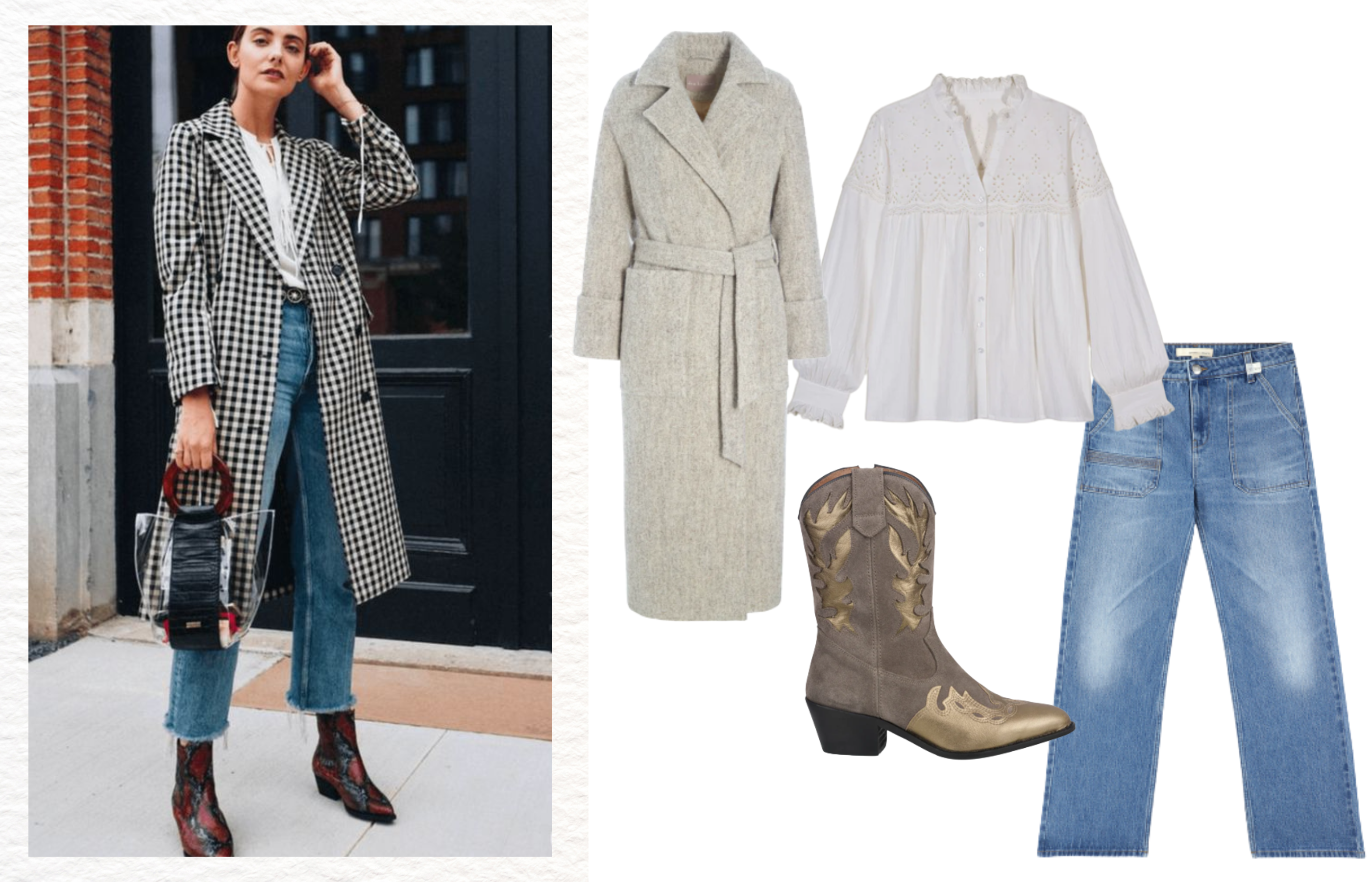 Outfit 3 - Jeans, Blouse, Coat and Short Ankle Cowboy Boots