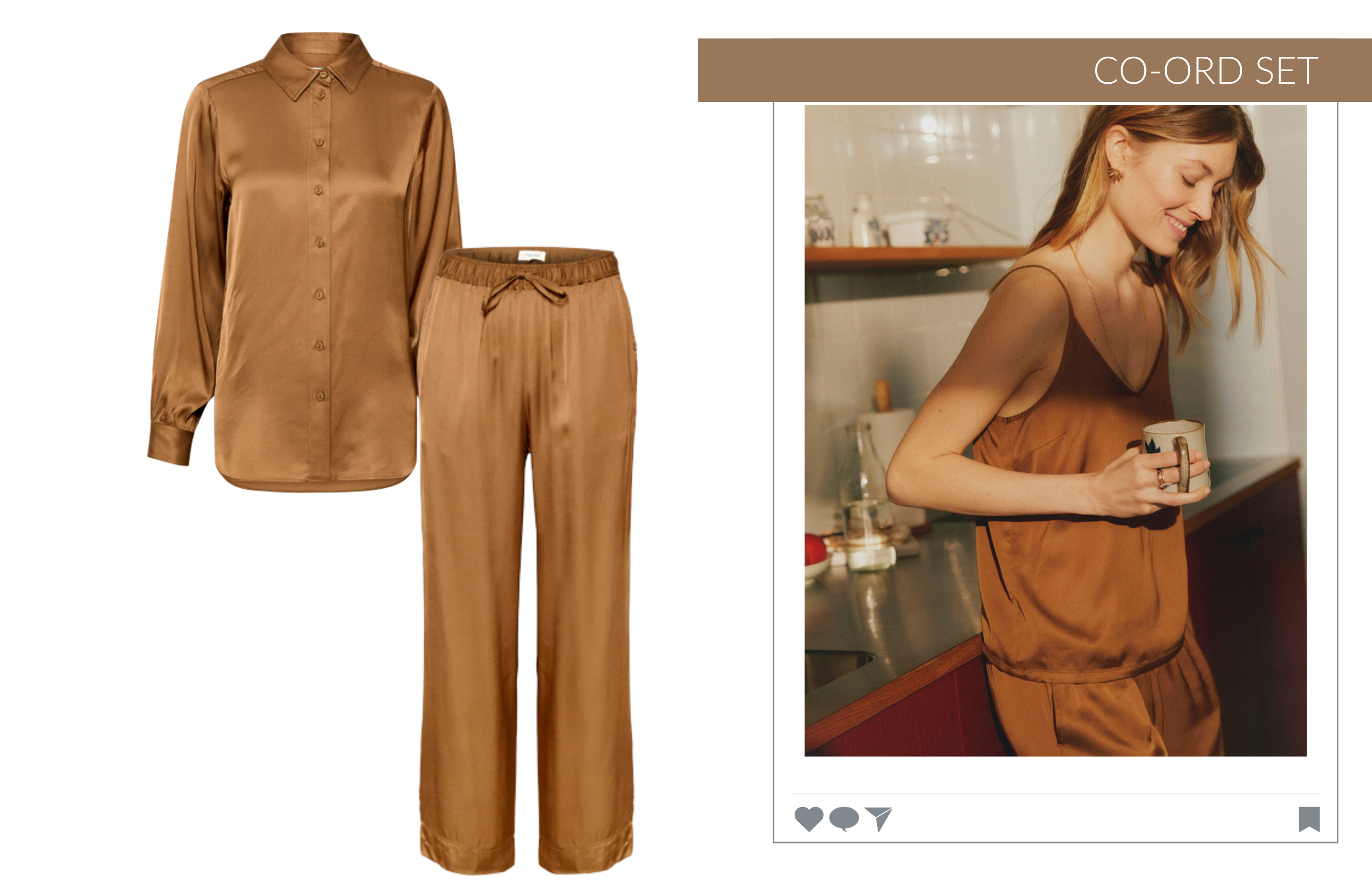 Image of model wearing a silky brown caramel co-ord