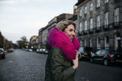 charbourr blogger in fuchsia fur trim parka popski jacket
