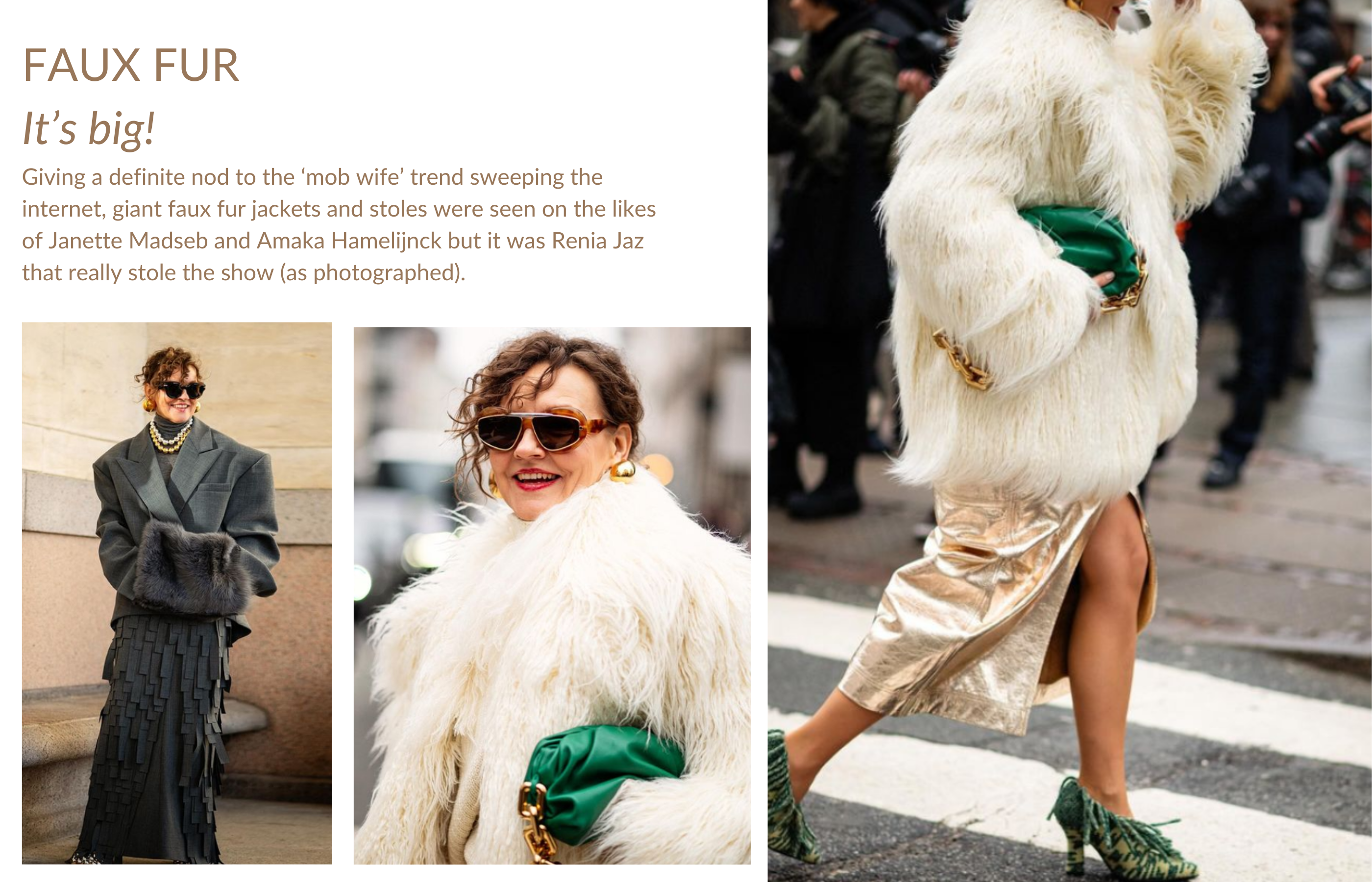 Reina Jaz wearing a cream faux fur coat and grey faux fur stole in Copenhagen during fashion week