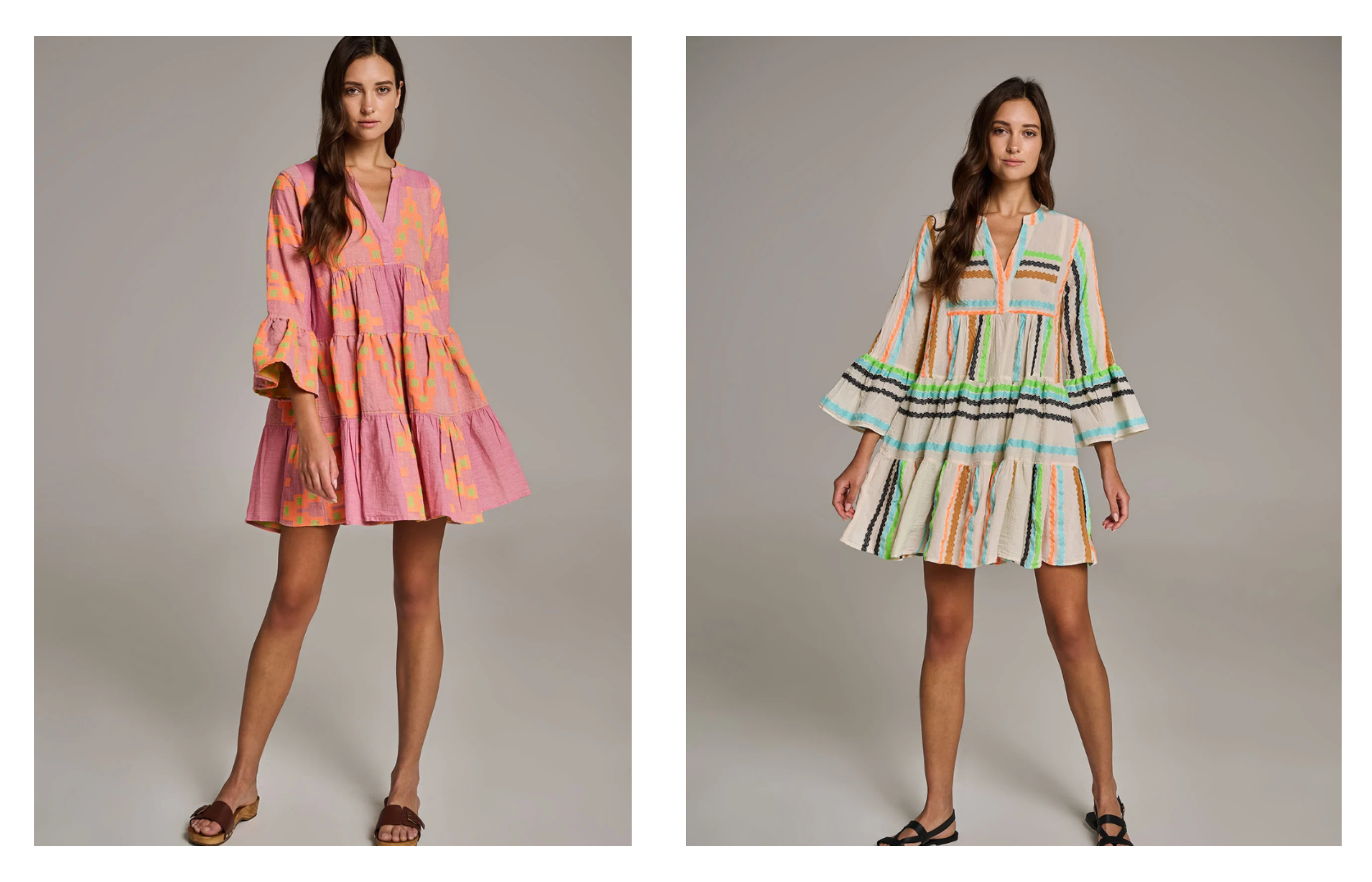 Models wearing colourful cotton dresses by Devotion Twins