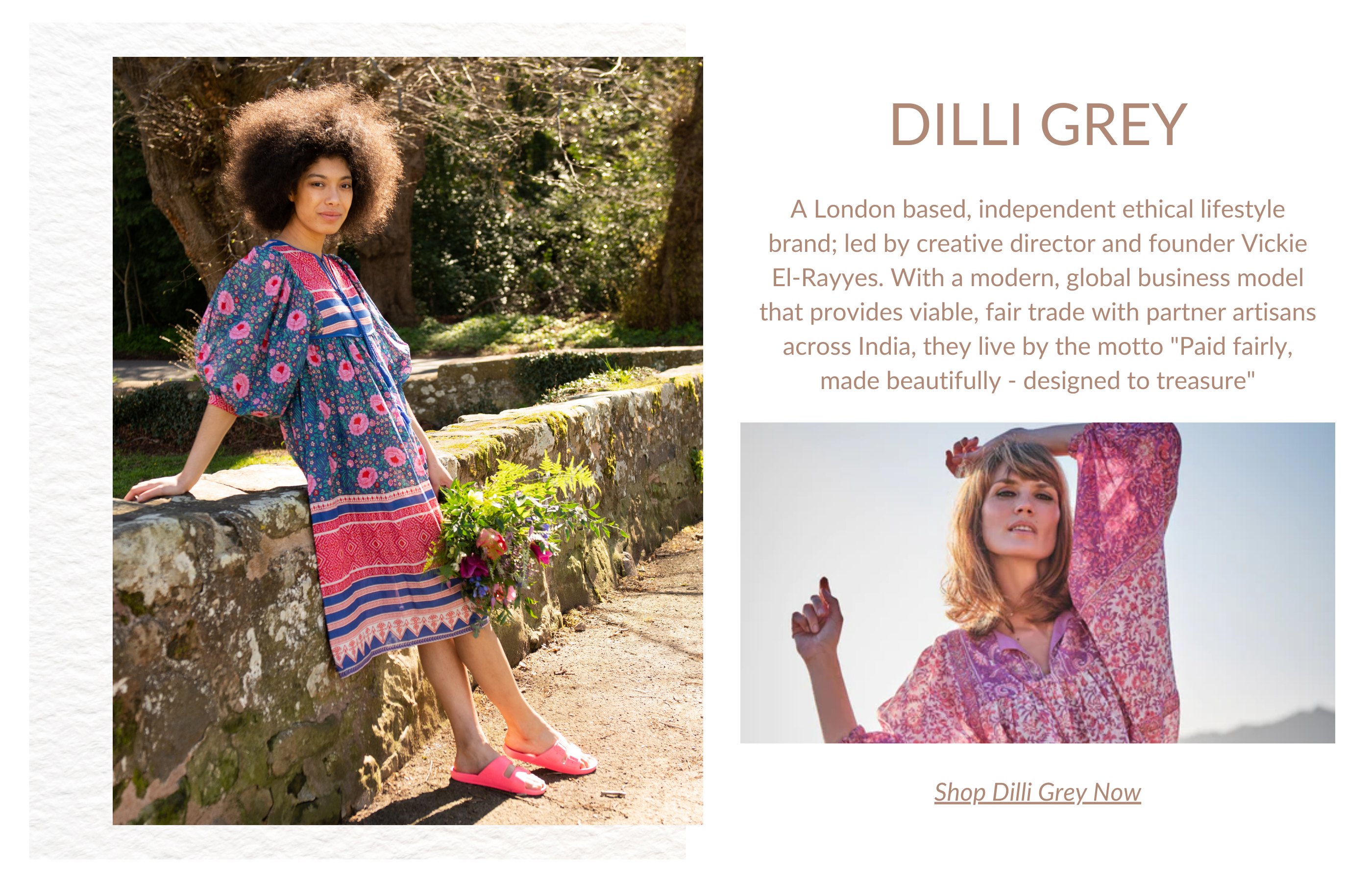 Model wearing block printed dress and blouse with text reading 'Dilli Grey'