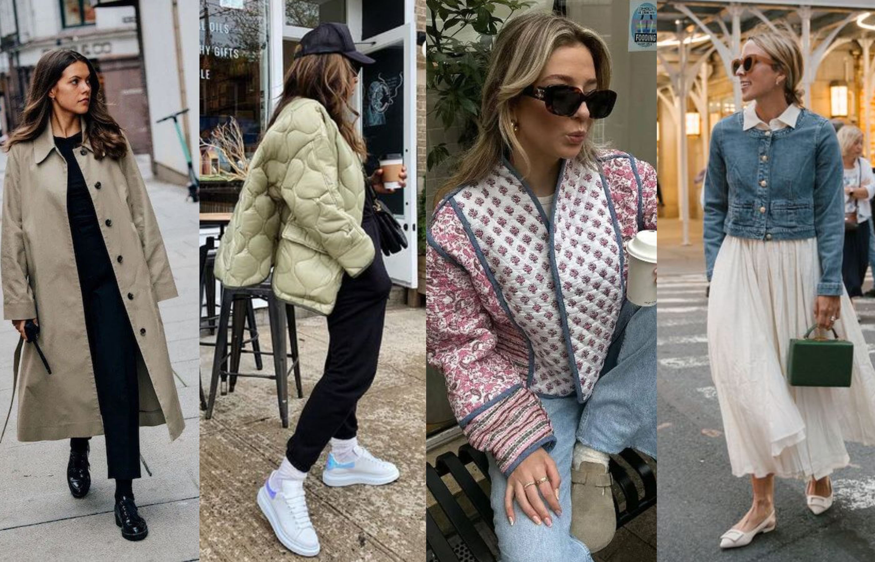 Outerwear - Collage of Street Style Images showing a model wearing a trench coat, one wearing a quilted jacket, a cotton quilt jacket and a denim jacket