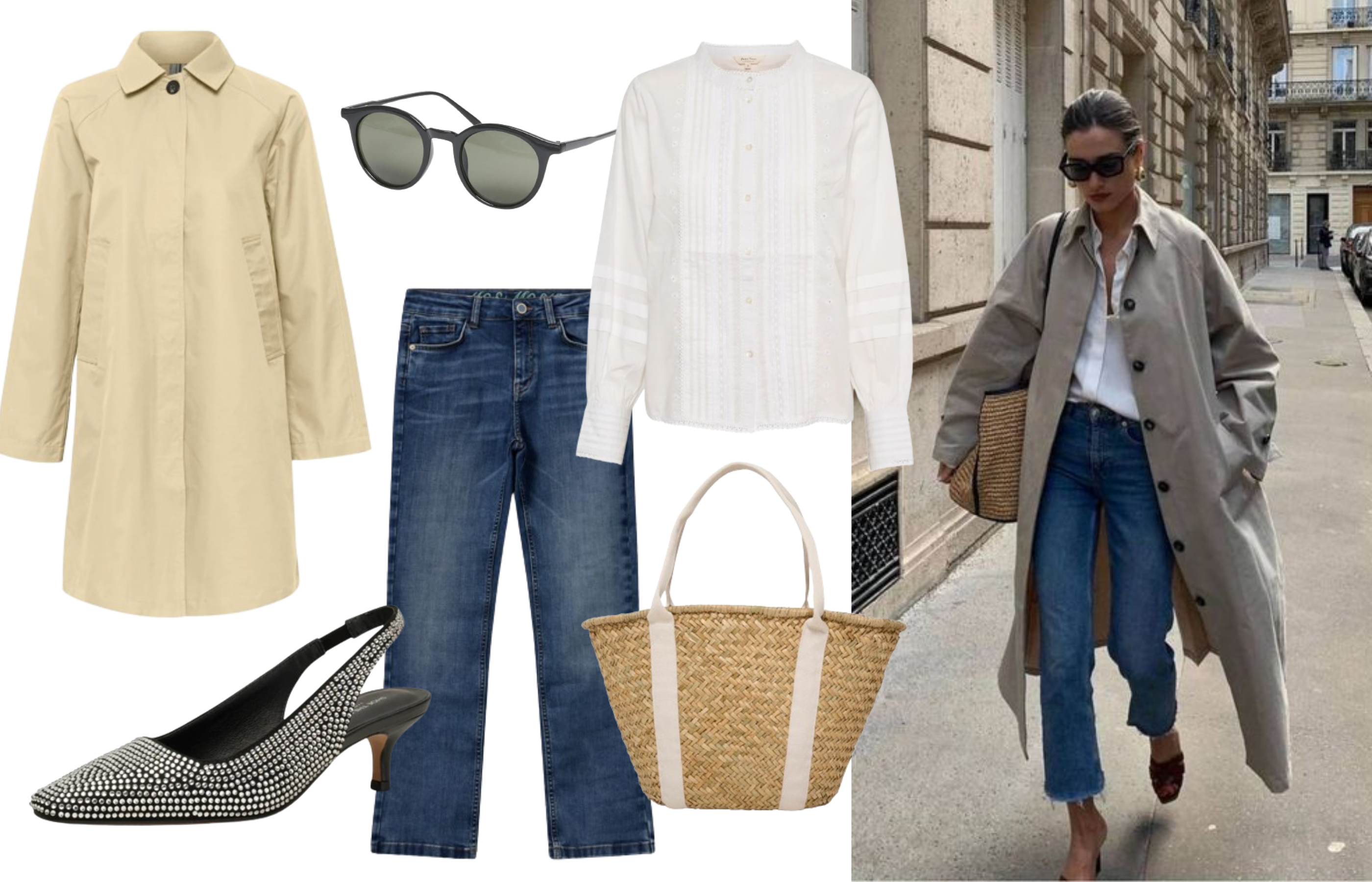 Smarter look with Jeans, White Shirt and heels with straw bag and trench coat