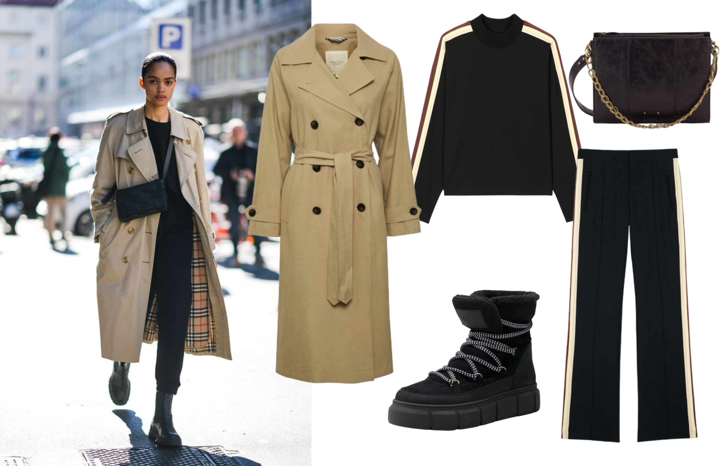 Model Inspired look - wearing a trench coat over a co-ord set and with boots