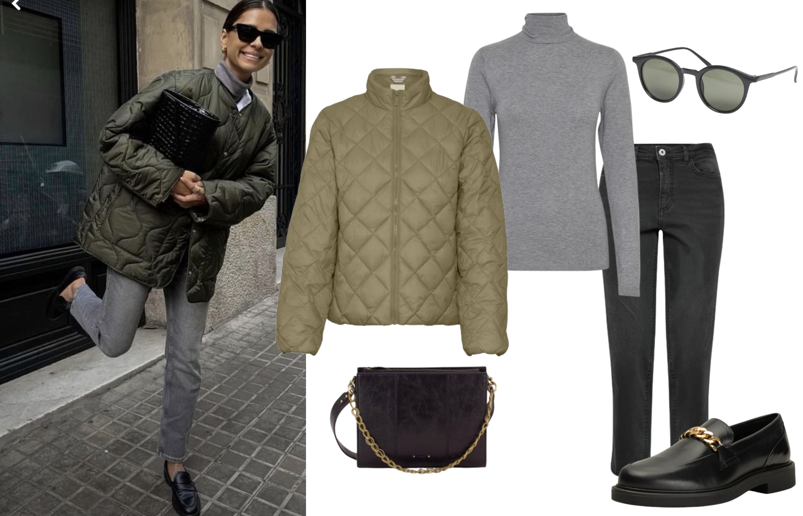 Quilted Jacket on model with straight jean, loafer and rollneck knit